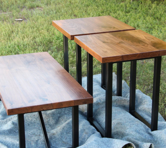 Black Walnut Coffee and End Tables with Modern Steel Bases